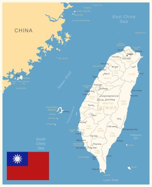 Tayvan - idari bölümler ve ülke bayrağıyla detaylı harita. Vektör illüstrasyonu