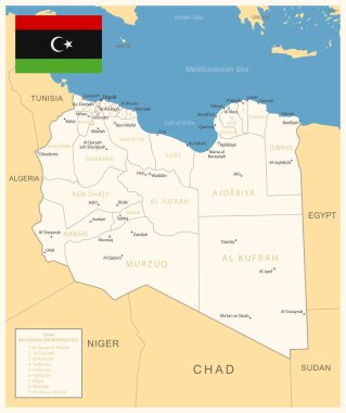 Libya - idari bölümler ve ülke bayrağıyla detaylı harita. Vektör illüstrasyonu