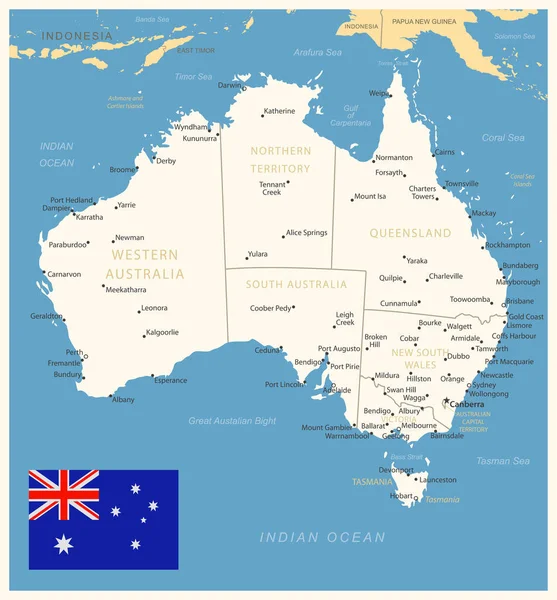 オーストラリア 行政区画や国旗との詳細な地図 ベクターイラスト — ストックベクタ