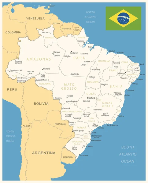 Brezilya Idari Bölümler Ülke Bayrağıyla Detaylı Harita Vektör Illüstrasyonu — Stok Vektör