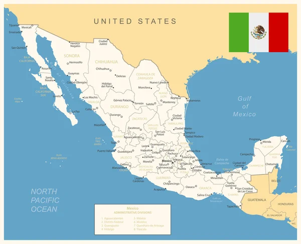 Мексика Подробная Карта Административными Единицами Флагом Страны Векторная Иллюстрация — стоковый вектор