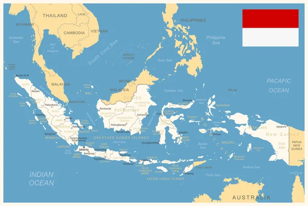 Indonesia Mapa Detallado Con Divisiones Administrativas Bandera Del País Ilustración — Vector de stock