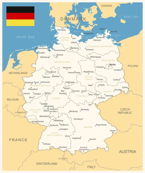 Niemcy Szczegółowa Mapa Podziałami Administracyjnymi Flagą Kraju Ilustracja Wektora — Wektor stockowy