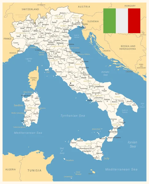 Italien Detailkarte Mit Verwaltungseinheiten Und Landesflagge Vektorillustration — Stockvektor