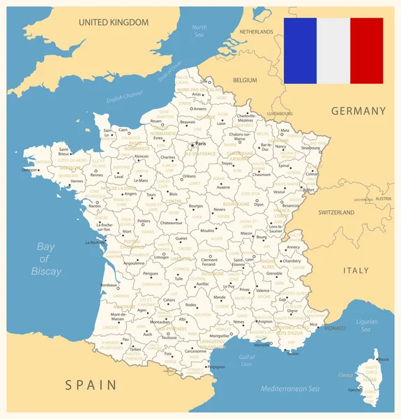 Frankrijk Gedetailleerde Kaart Met Administratieve Afdelingen Landenvlag Vectorillustratie — Stockvector