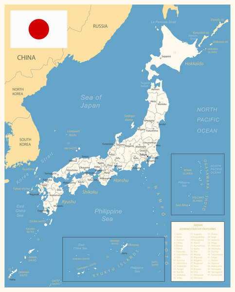 Japan - detailed map with administrative divisions and country flag. Vector illustration