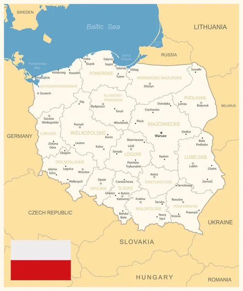 Polonia Mapa Detallado Con Divisiones Administrativas Bandera Del País Ilustración — Vector de stock