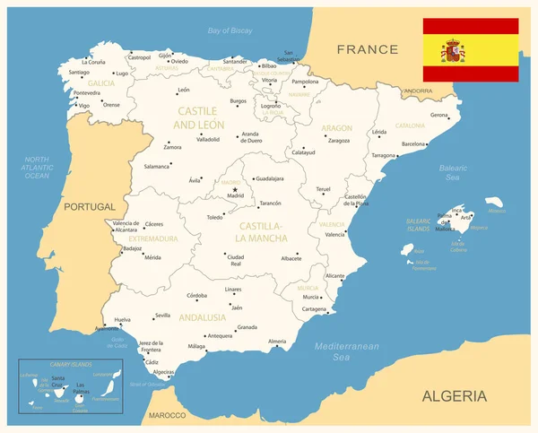 Spanyolország Részletes Térkép Közigazgatási Egységekkel Országzászlóval Vektorillusztráció — Stock Vector