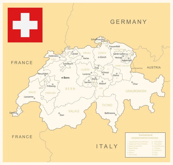 Suiza Mapa Detallado Con Divisiones Administrativas Bandera Del País Ilustración — Vector de stock