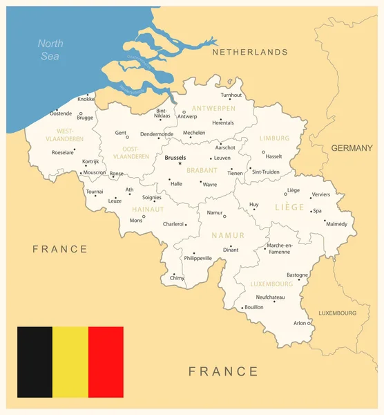 Belçika - idari bölümler ve ülke bayrağıyla detaylı harita. Vektör illüstrasyonu