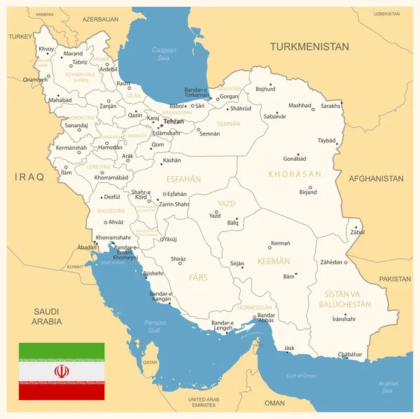 Irán Mapa Detallado Con Divisiones Administrativas Bandera Del País Ilustración — Vector de stock