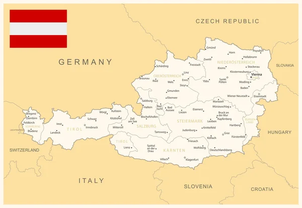 Αυστρία Λεπτομερής Χάρτης Διοικητικές Διαιρέσεις Και Σημαία Χώρας Εικονογράφηση Διανύσματος — Διανυσματικό Αρχείο