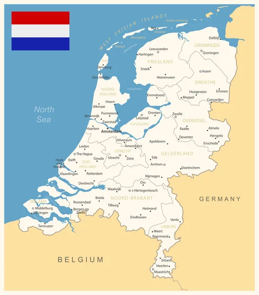 Hollanda - idari bölümler ve ülke bayrağıyla detaylı harita. Vektör illüstrasyonu