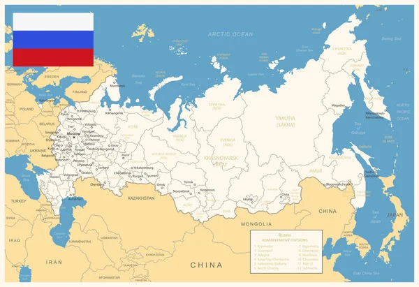 Rusya Idari Bölümlerin Ülke Bayrağının Detaylı Haritası Vektör Illüstrasyonu — Stok Vektör