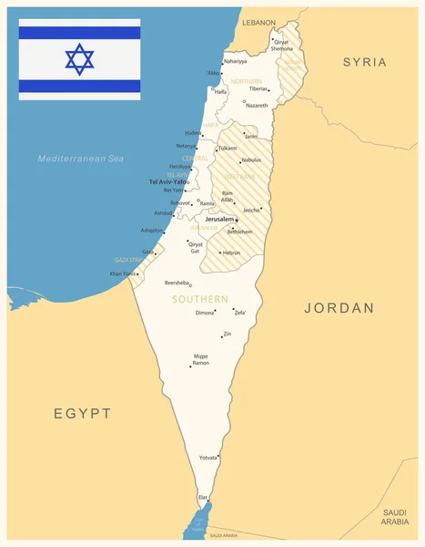 Ισραήλ Λεπτομερής Χάρτης Διοικητικές Διαιρέσεις Και Σημαία Χώρας Εικονογράφηση Διανύσματος — Διανυσματικό Αρχείο