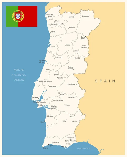 Portugalsko Podrobná Mapa Administrativními Divizemi Vlajkou Země Vektorová Ilustrace — Stockový vektor