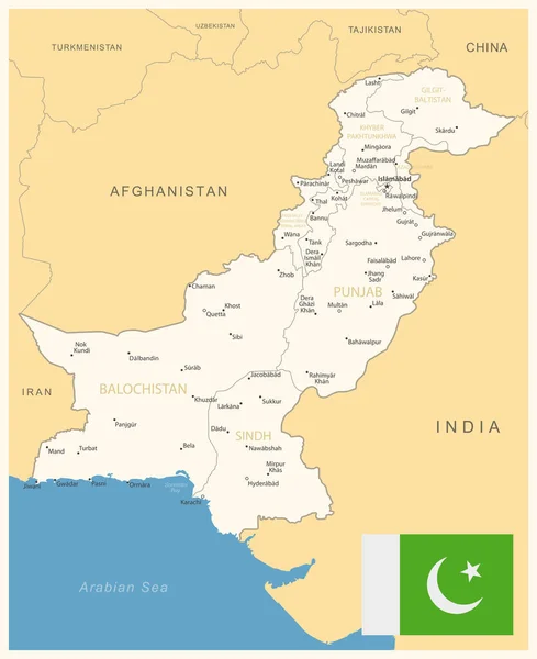 Πακιστάν Λεπτομερής Χάρτης Διοικητικές Διαιρέσεις Και Σημαία Χώρας Εικονογράφηση Διανύσματος — Διανυσματικό Αρχείο