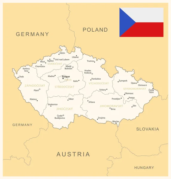 捷克共和国 附有行政区划和国旗的详细地图 矢量说明 — 图库矢量图片
