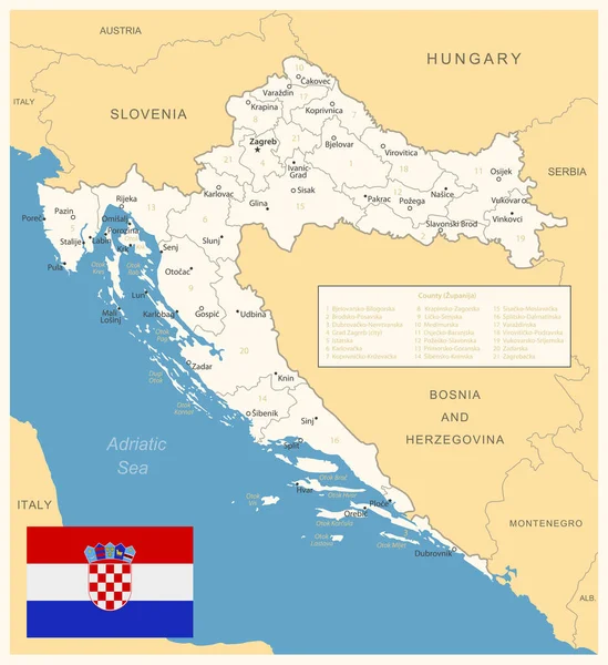克罗地亚 附有行政区划和国旗的详细地图 矢量说明 — 图库矢量图片