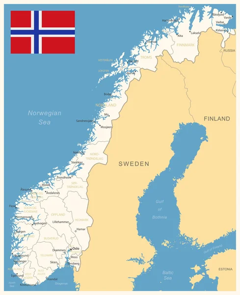 Norsko Podrobná Mapa Administrativními Divizemi Vlajkou Země Vektorová Ilustrace — Stockový vektor