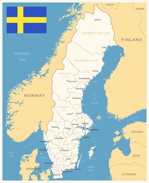 Suecia Mapa Detallado Con Divisiones Administrativas Bandera Del País Ilustración — Vector de stock