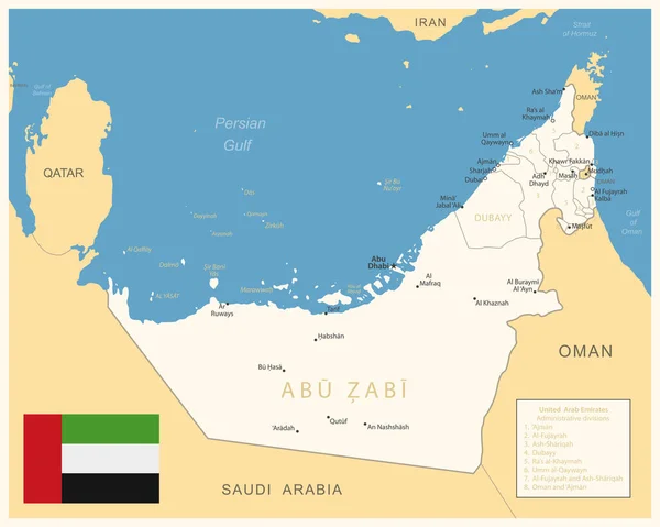 Vereinigte Arabische Emirate Detailkarte Mit Verwaltungseinheiten Und Landesflagge Vektorillustration — Stockvektor