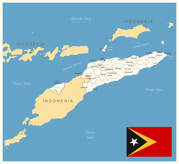 Ανατολικό Τιμόρ Λεπτομερής Χάρτης Διοικητικές Διαιρέσεις Και Σημαία Χώρας Εικονογράφηση — Διανυσματικό Αρχείο