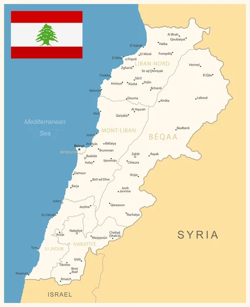 Líbano Mapa Detallado Con Divisiones Administrativas Bandera Del País Ilustración — Vector de stock