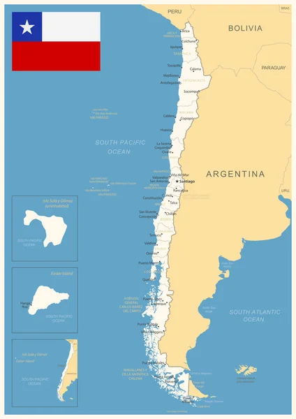 Χιλή Λεπτομερής Χάρτης Διοικητικές Διαιρέσεις Και Σημαία Χώρας Εικονογράφηση Διανύσματος — Διανυσματικό Αρχείο