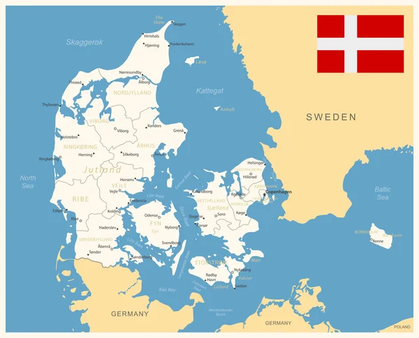 Dánsko Podrobná Mapa Administrativními Divizemi Vlajkou Země Vektorová Ilustrace — Stockový vektor