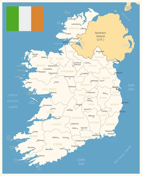 Irlandia Szczegółowa Mapa Podziałami Administracyjnymi Banderą Kraju Ilustracja Wektora — Wektor stockowy