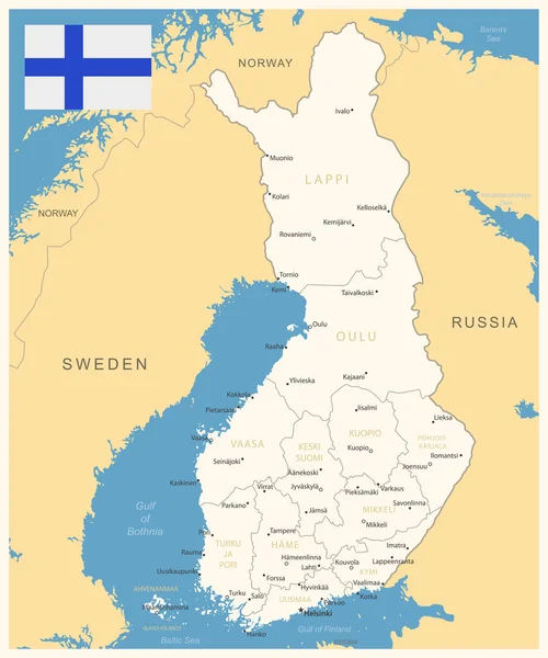 Finlande Carte Détaillée Avec Divisions Administratives Pavillon Pays Illustration Vectorielle — Image vectorielle