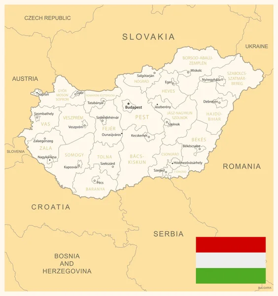 匈牙利 附有行政区划和国旗的详细地图 矢量说明 — 图库矢量图片