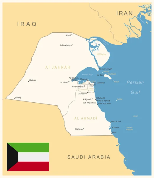 Kuwait Mapa Detallado Con Divisiones Administrativas Bandera Del País Ilustración — Vector de stock