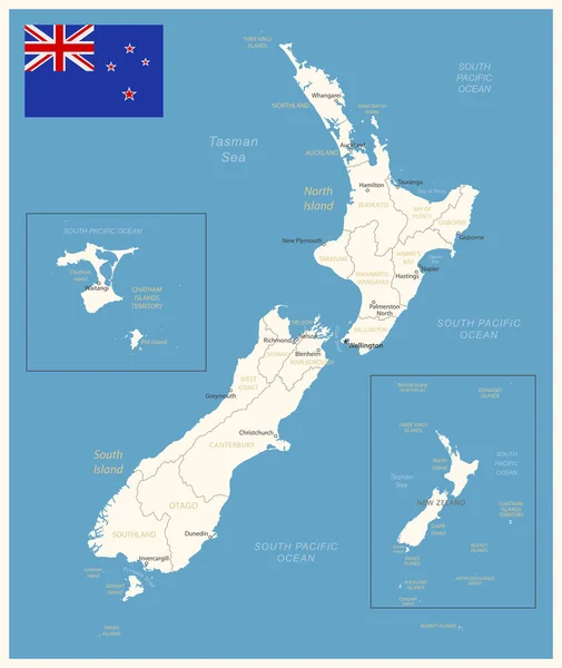 Neuseeland Detailkarte Mit Verwaltungseinheiten Und Landesflagge Vektorillustration — Stockvektor