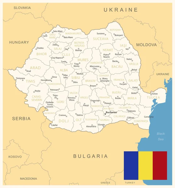 罗马尼亚 附有行政区划和国旗的详细地图 矢量说明 — 图库矢量图片