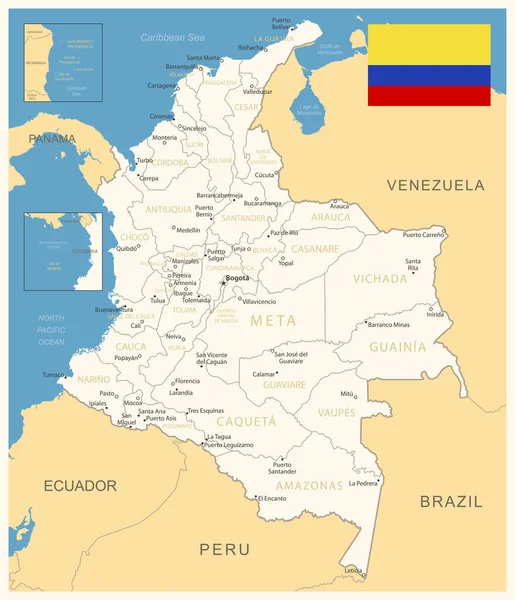 哥伦比亚 附有行政区划和国旗的详细地图 矢量说明 — 图库矢量图片