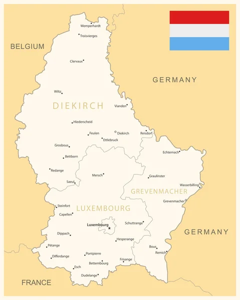 卢森堡 附有行政区划和国旗的详细地图 矢量说明 — 图库矢量图片
