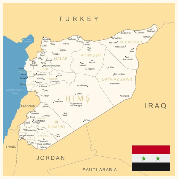 Siria Mapa Detallado Con Divisiones Administrativas Bandera Del País Ilustración — Vector de stock