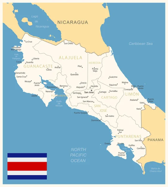 Κόστα Ρίκα Λεπτομερής Χάρτης Διοικητικές Διαιρέσεις Και Σημαία Χώρας Εικονογράφηση — Διανυσματικό Αρχείο