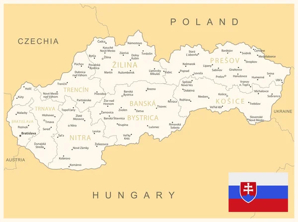 Szlovákia Részletes Térkép Közigazgatási Egységekkel Országzászlóval Vektorillusztráció — Stock Vector