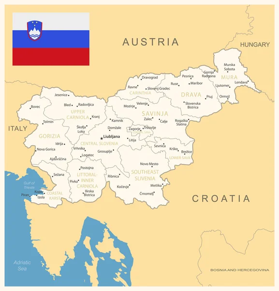 斯洛文尼亚 附有行政区划和国旗的详细地图 矢量说明 — 图库矢量图片
