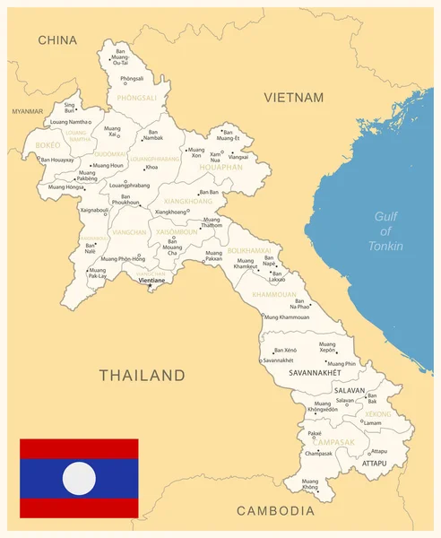 Λάος Λεπτομερής Χάρτης Διοικητικές Διαιρέσεις Και Σημαία Χώρας Εικονογράφηση Διανύσματος — Διανυσματικό Αρχείο