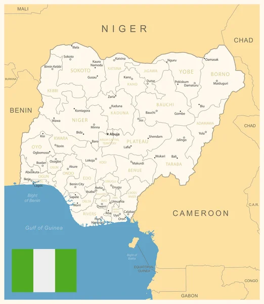Nigeria Mapa Detallado Con Divisiones Administrativas Bandera Del País Ilustración — Vector de stock