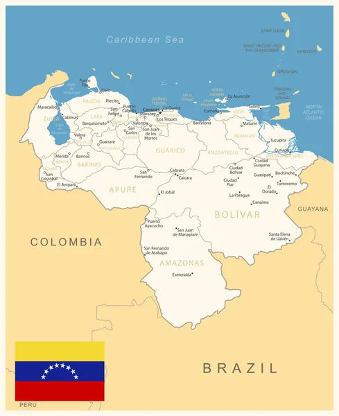 委内瑞拉 附有行政区划和国旗的详细地图 矢量说明 — 图库矢量图片