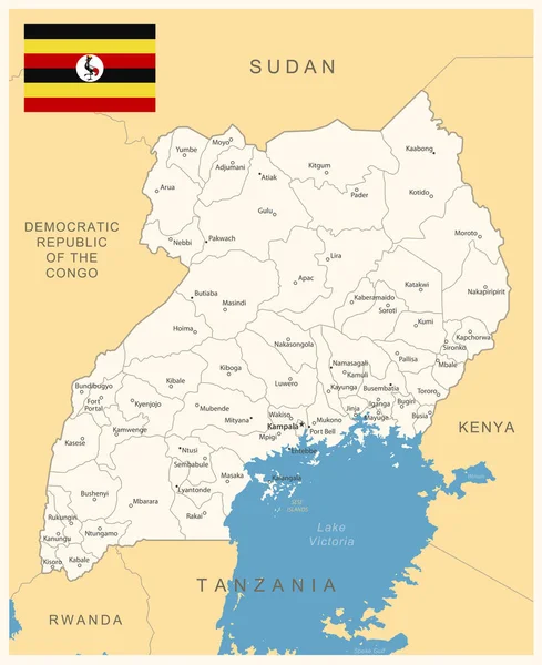 Uganda Mapa Detalhado Com Divisões Administrativas Bandeira País Ilustração Vetorial —  Vetores de Stock