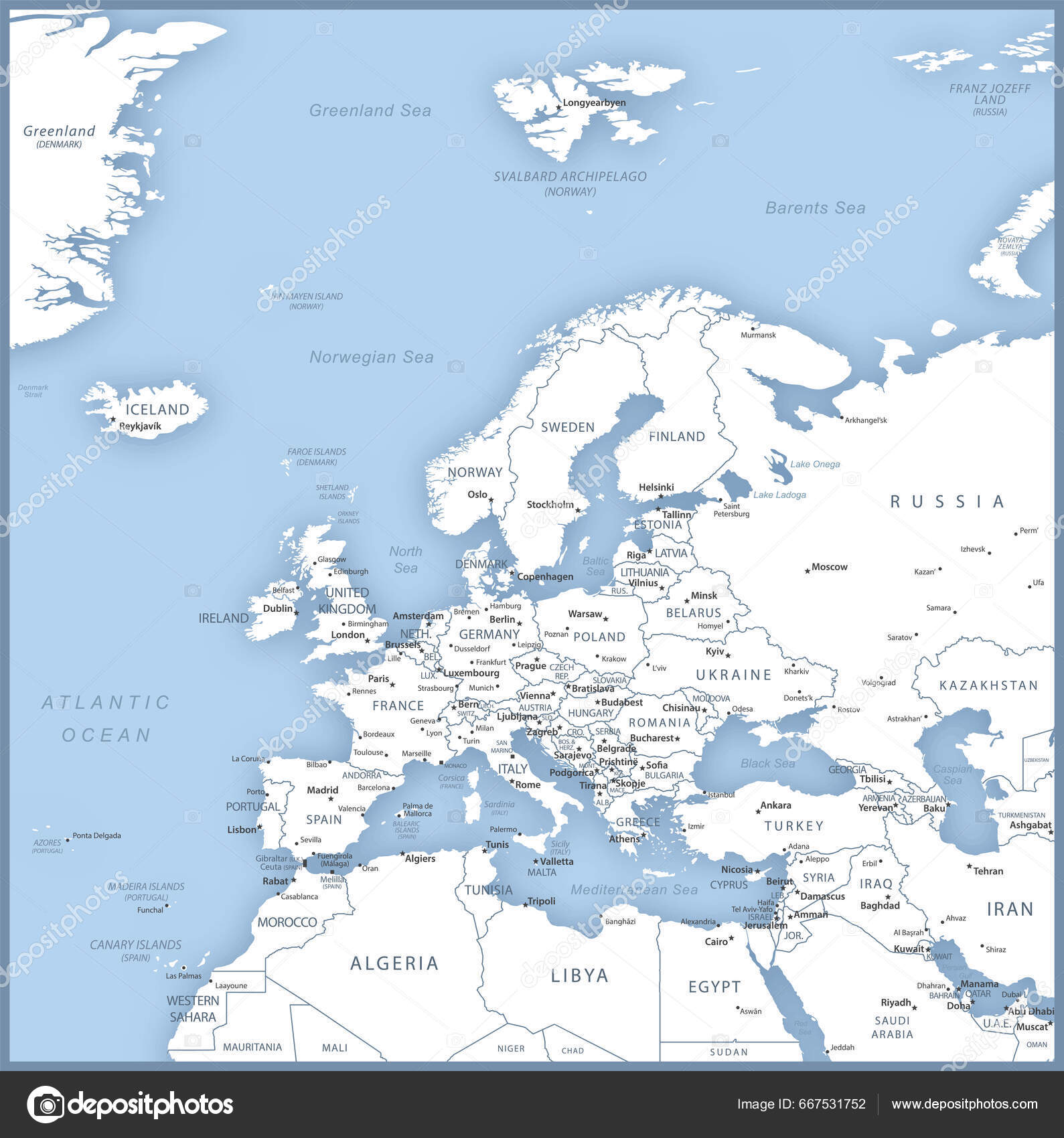 Karta Över Europa Med Namn Länder Huvudstäder Och Städer Vektorillustration  vektor av ©gt29 667531752