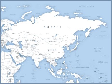 Asya haritasında ülkelerin, başkentlerin ve şehirlerin isimleri var. Vektör illüstrasyonu