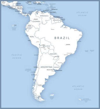 Güney Amerika haritasında ülkelerin, başkentlerin ve şehirlerin isimleri var. Vektör illüstrasyonu