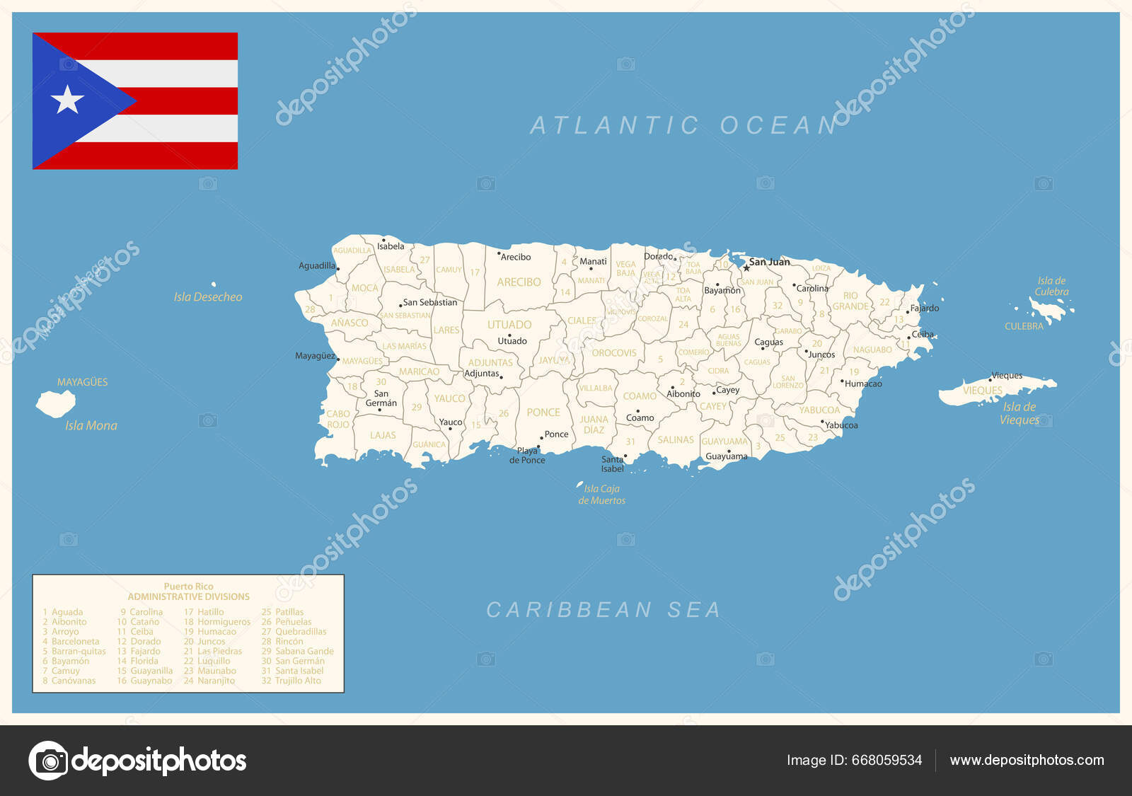Porto Rico Mapa Detalhado Com Divisões Administrativas Bandeira País  Ilustração imagem vetorial de gt29© 668059534